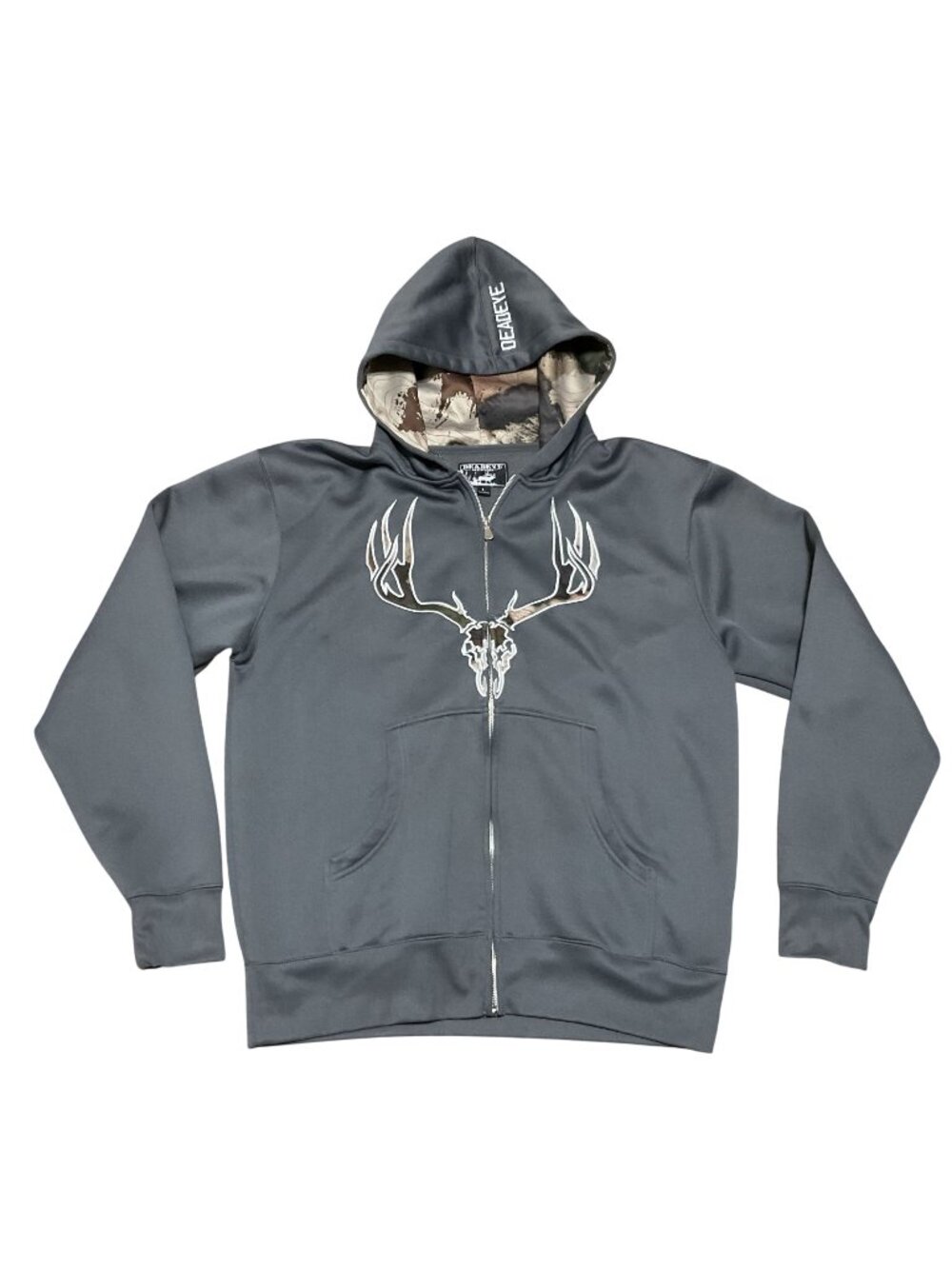 Deadeye Outfitters Full-Zip Hoodie Sz L With Skull Camo Antler Design Gray Mens